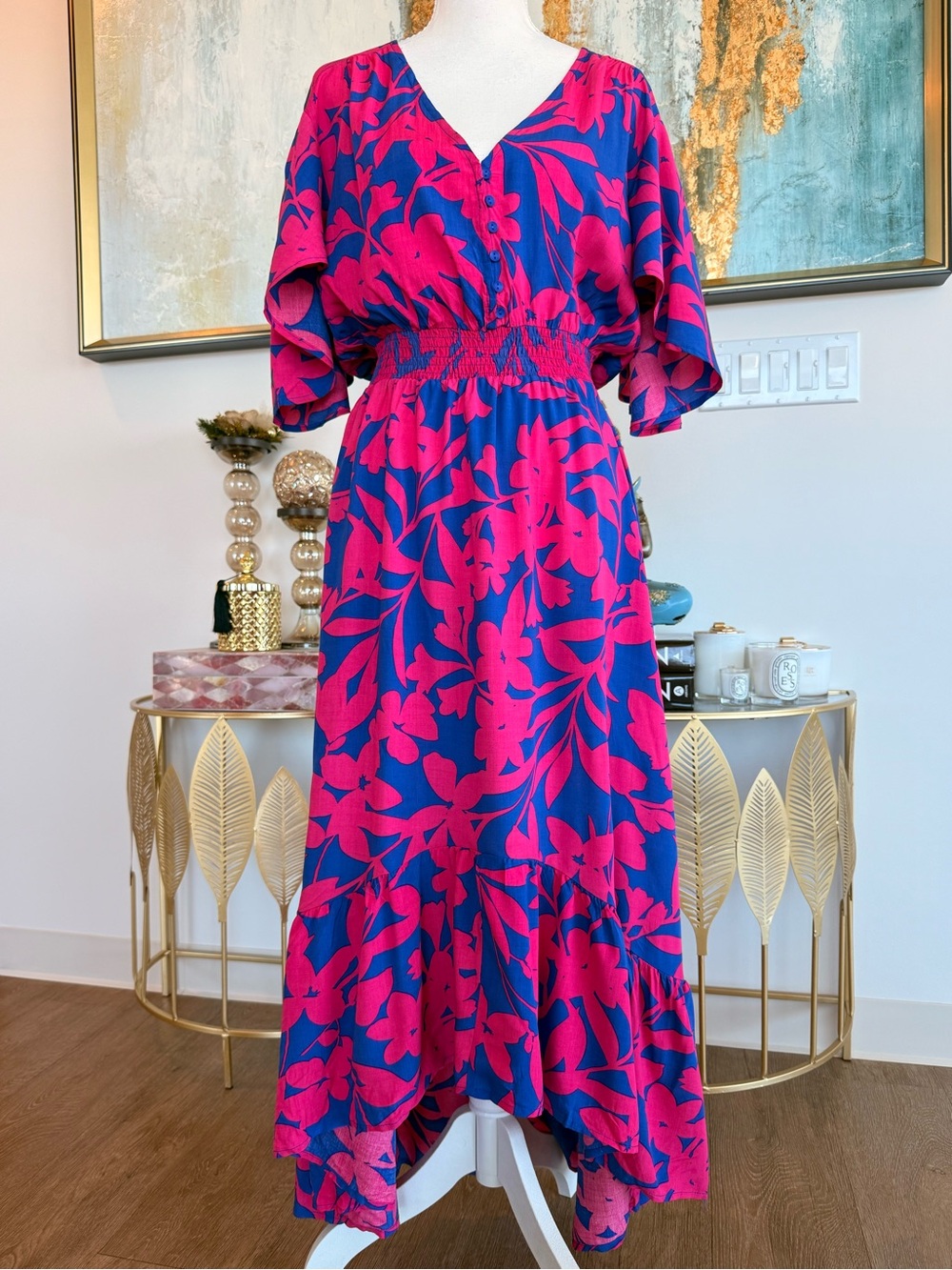 Vibrant Pink & Blue Floral Midi Dress